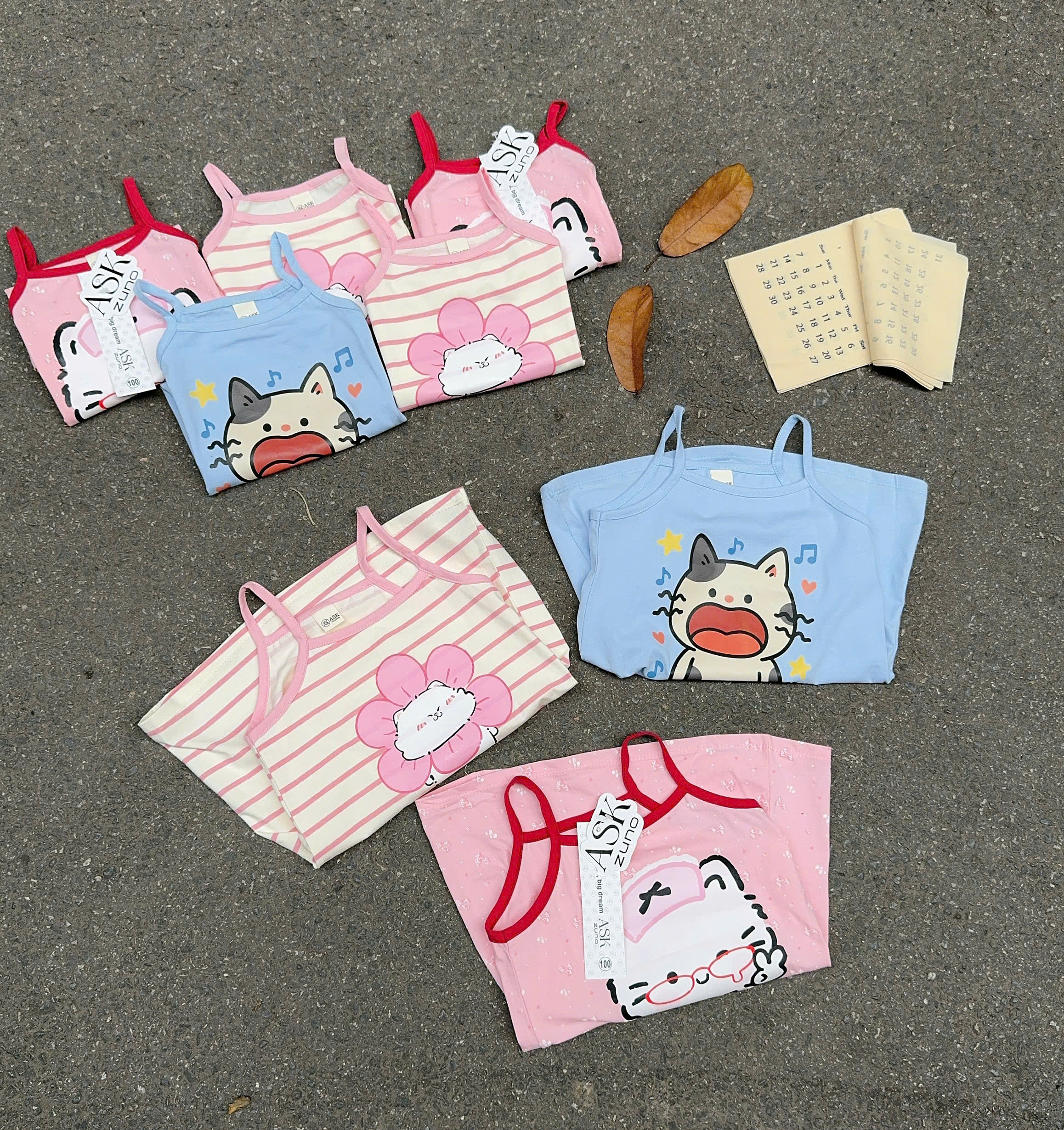 VB591 - SET 3 VÁY BÉ GÁI 2S MÈO xanh hồng kẻ