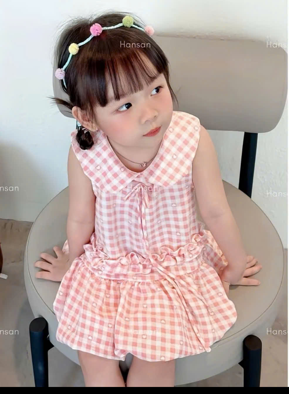 VB592 - VÁY BÉ GÁI KẺ CARO CỔ SEN BỒNG GẤU
