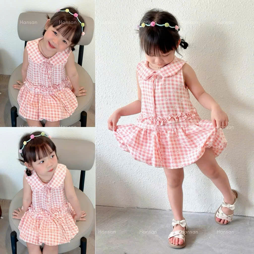VB592 - VÁY BÉ GÁI KẺ CARO CỔ SEN BỒNG GẤU