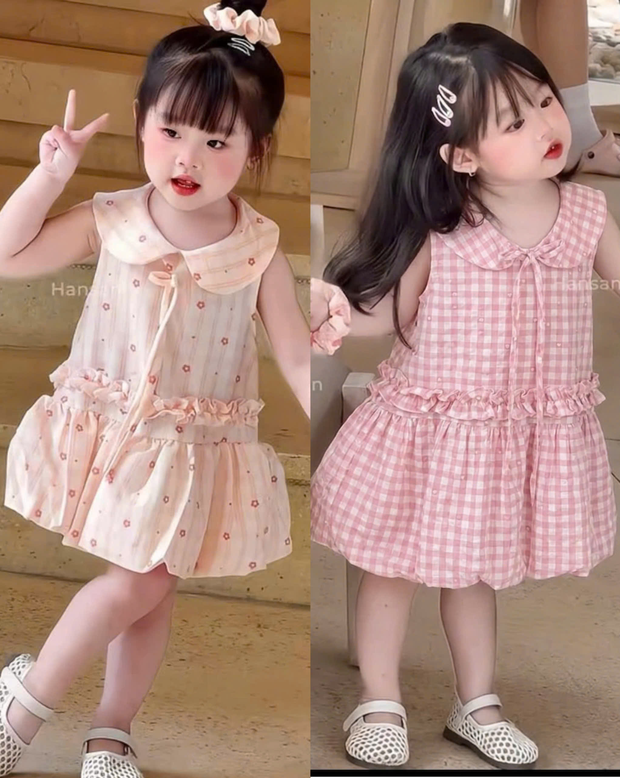 VB592 - VÁY BÉ GÁI KẺ CARO CỔ SEN BỒNG GẤU