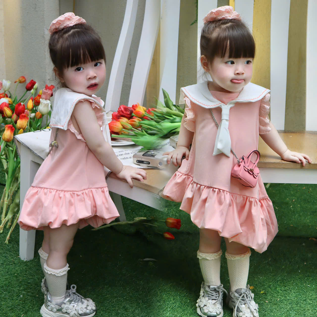 VB598 - VÁY BÉ GÁI HỒNG CỔ THỦY THỦ TRẮNG