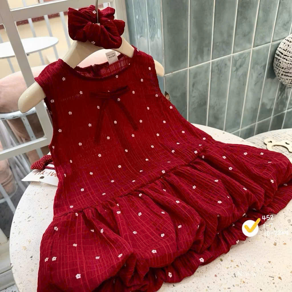VB600 - VÁY BÉ GÁI ĐŨI TƠ ĐỎ HOA TRẮNG