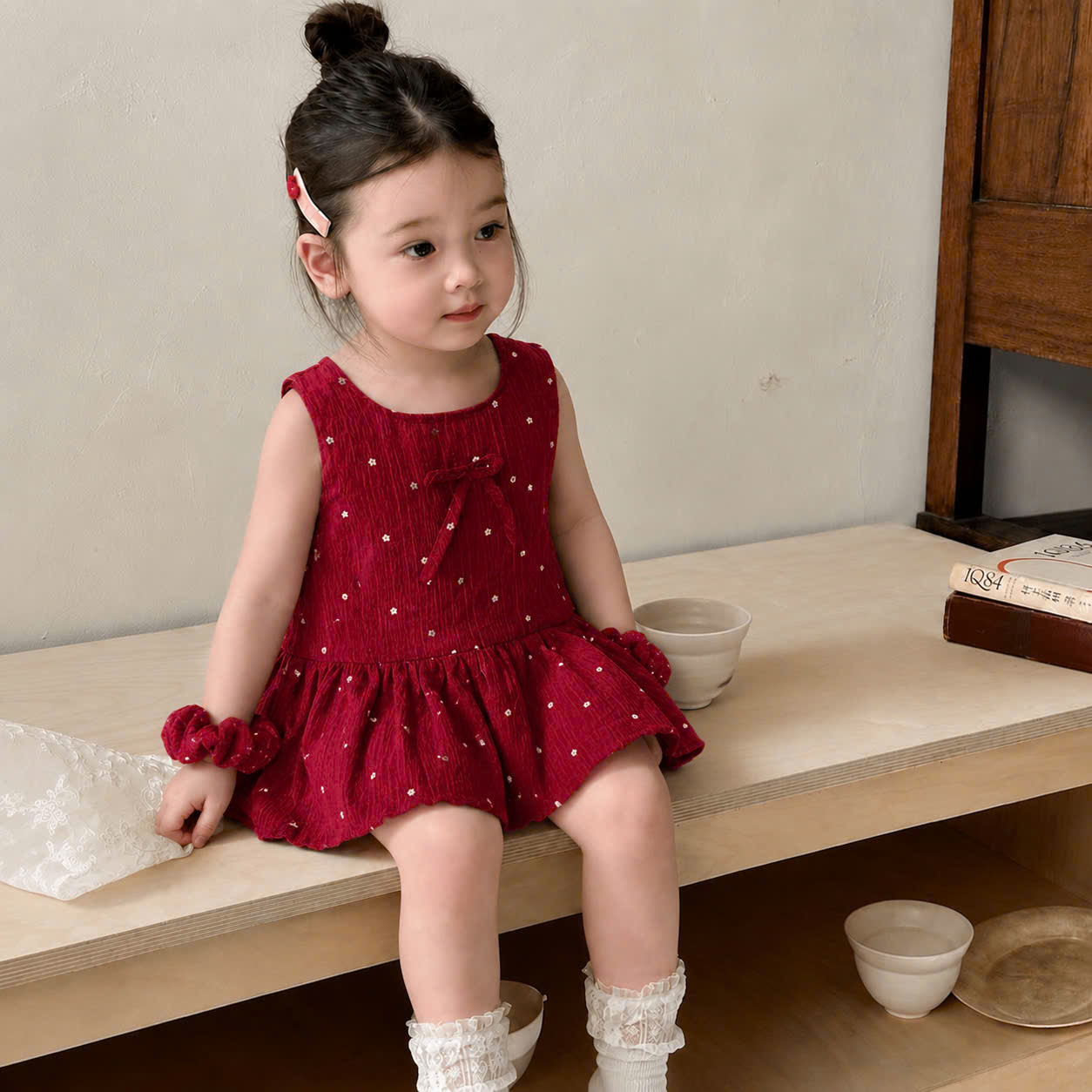 VB600 - VÁY BÉ GÁI ĐŨI TƠ ĐỎ HOA TRẮNG