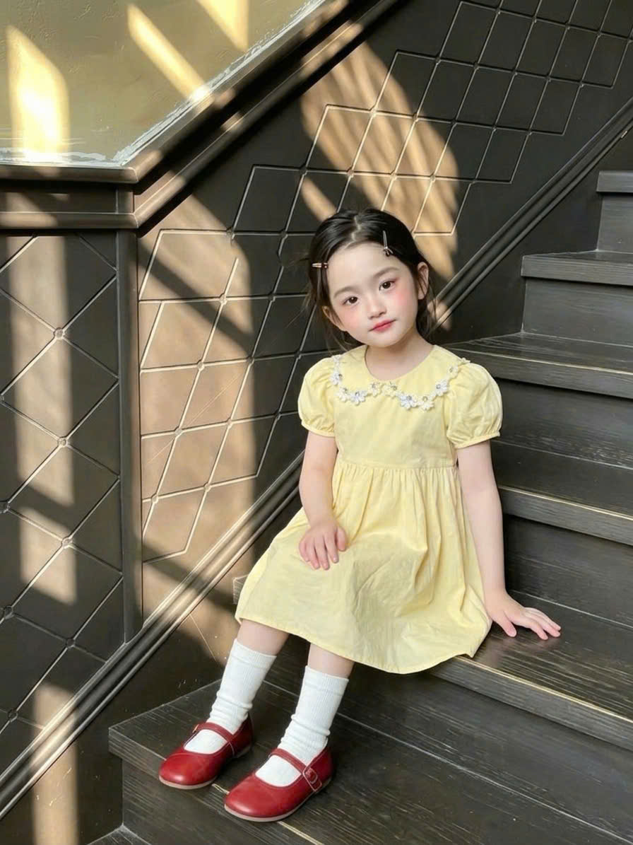 VB603 - VÁY BÉ GÁI VÀNG BABYDOLL THÊU HOA CỔ