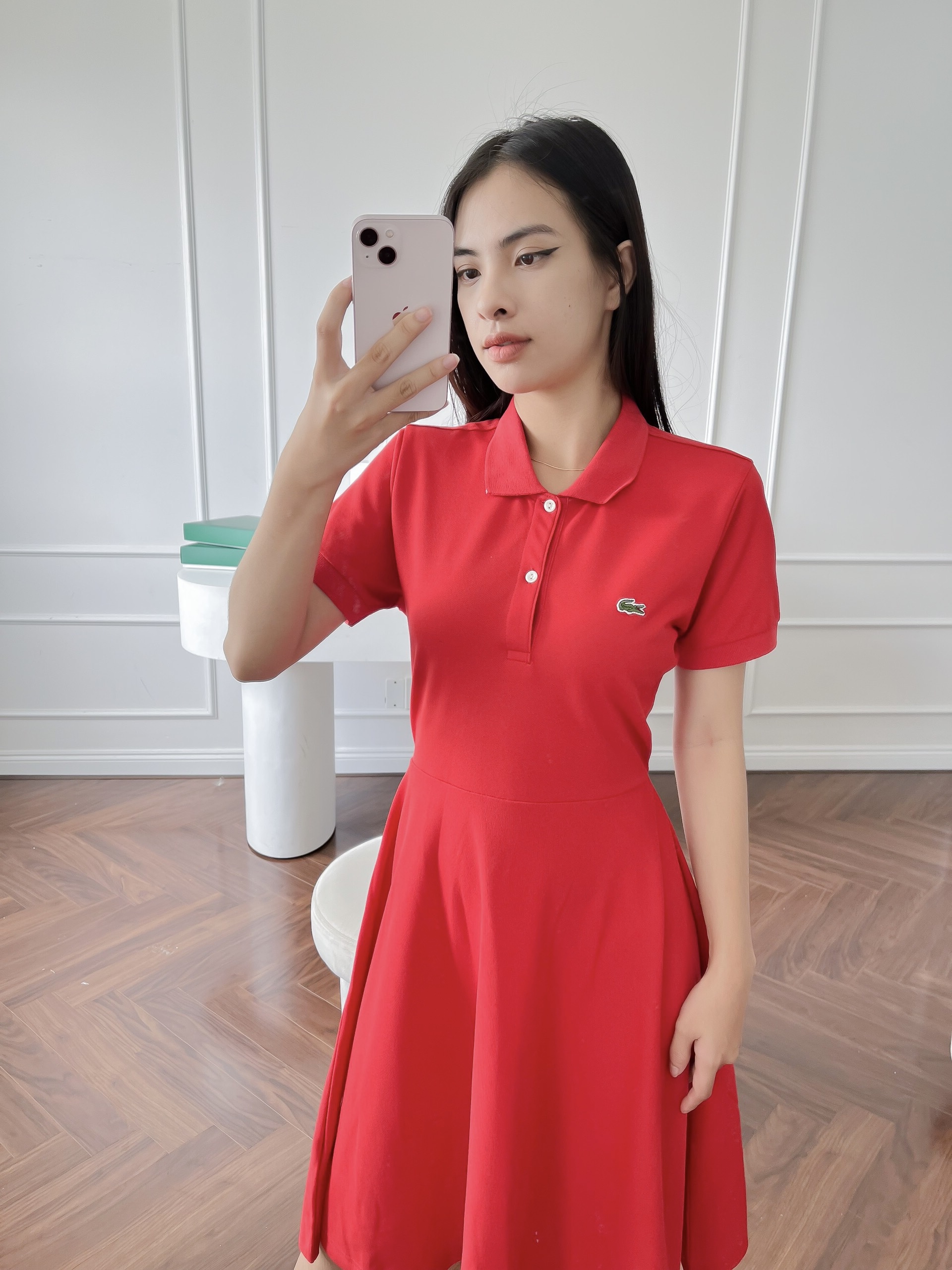 Váy polo nữ LCSTE phối trơn CÁ XANH 2 KHUY-Đỏ(Váy xòe)