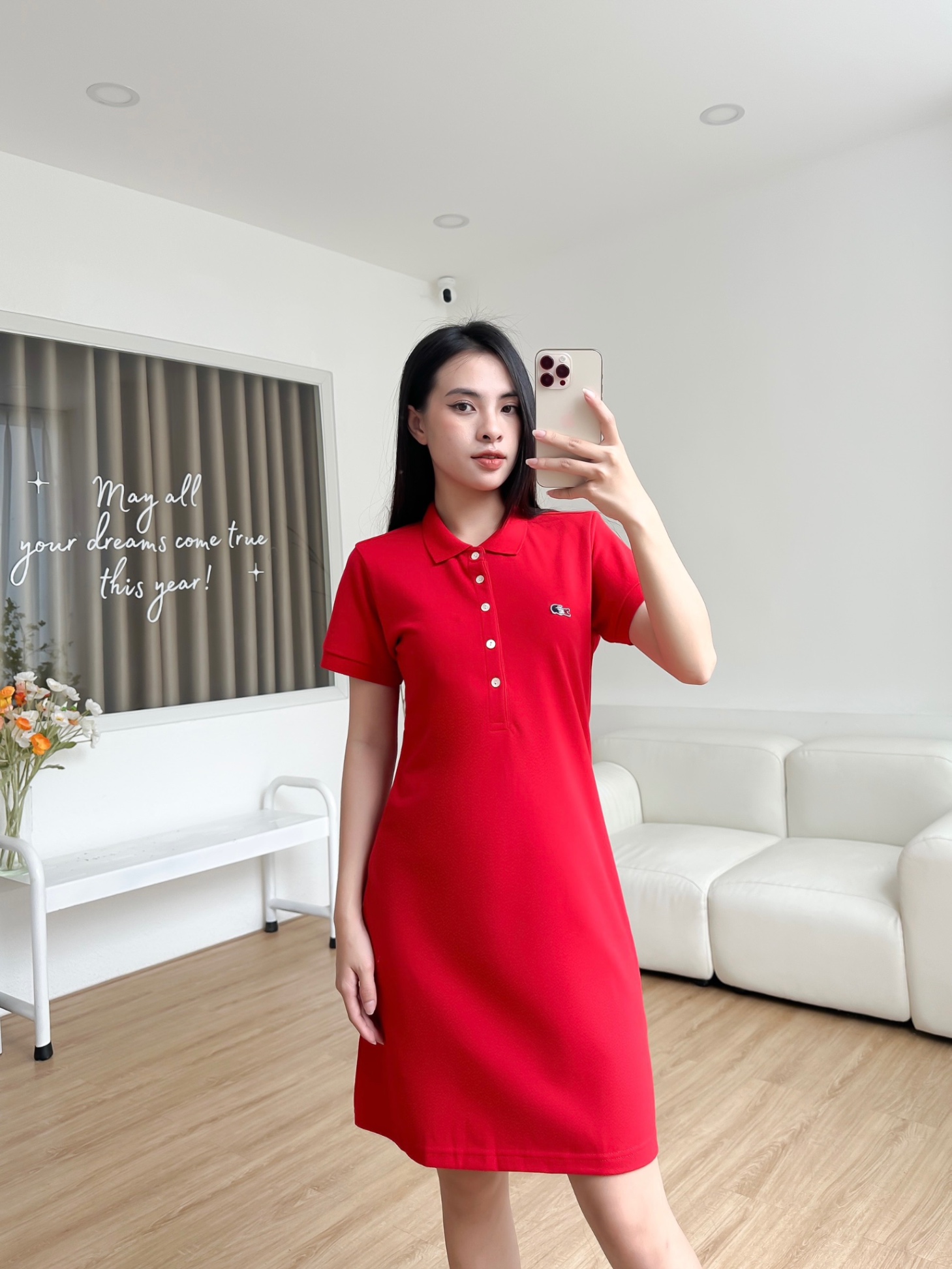 Đầm polo nữ LCSTE phối trơn CÁ PHÁP 5 KHUY-Đỏ