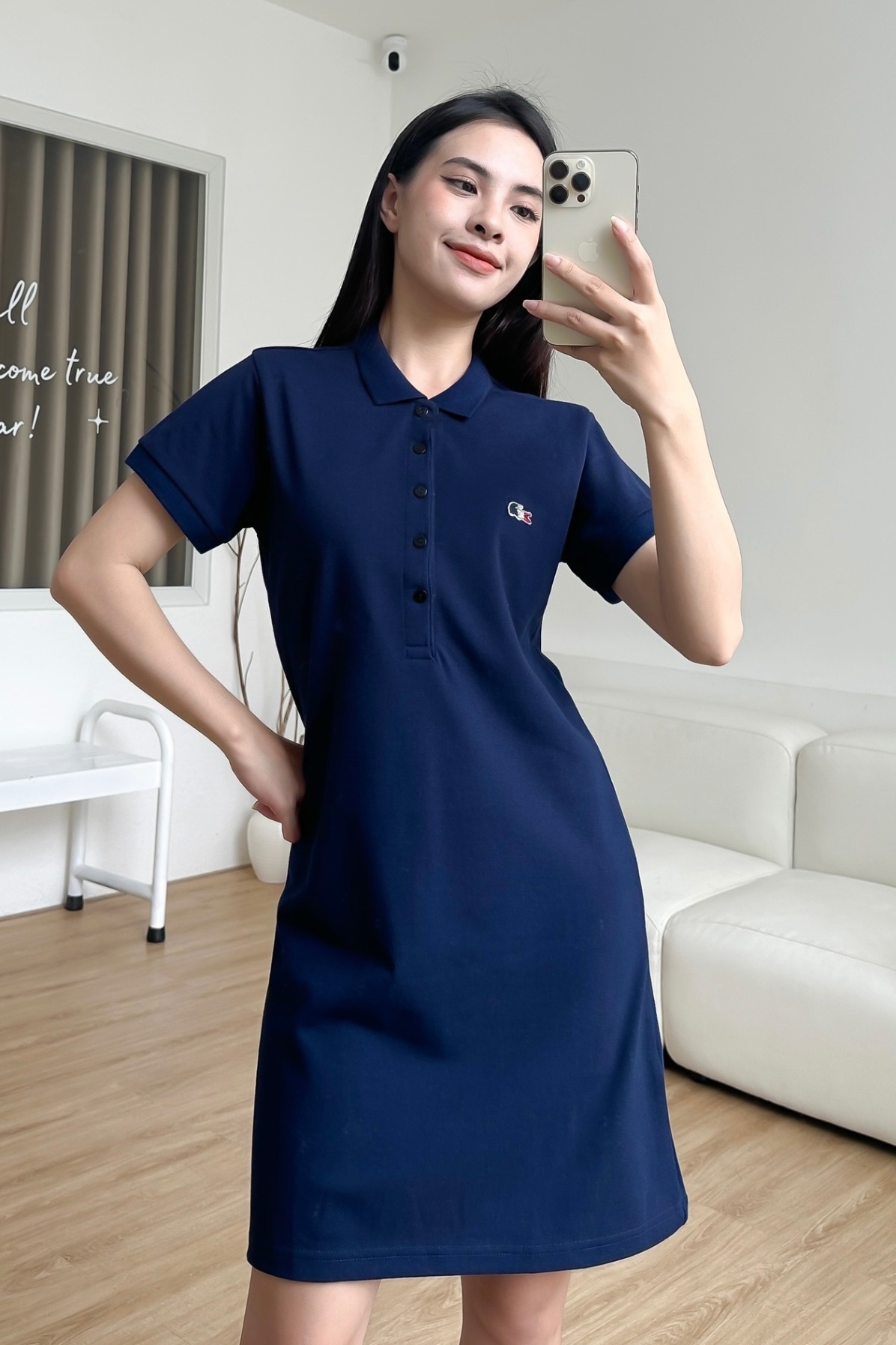 Đầm polo nữ LCSTE phối trơn CÁ PHÁP 5 KHUY-Xanh navy