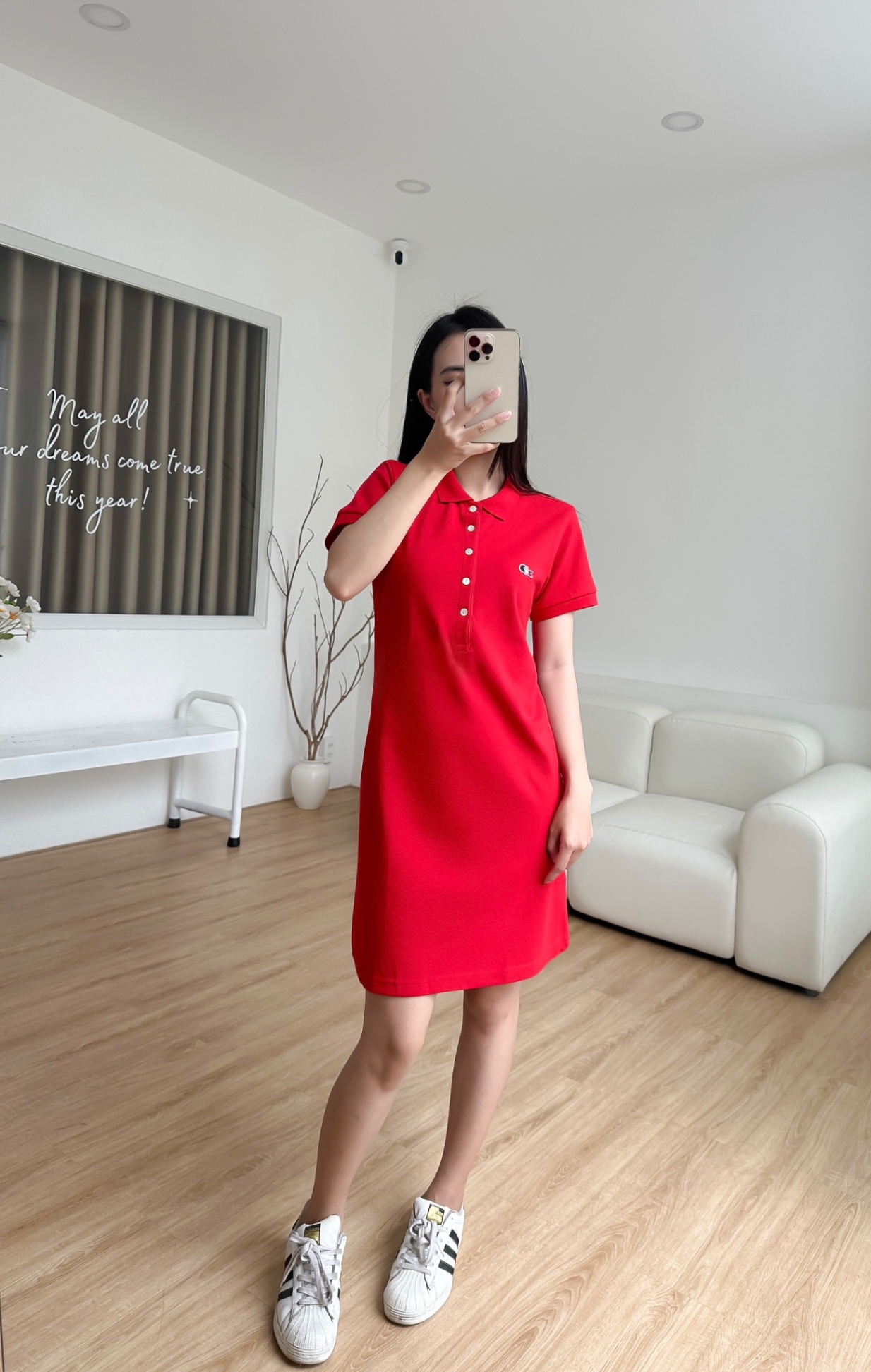 Đầm polo nữ LCSTE phối trơn CÁ PHÁP 5 KHUY-Đỏ