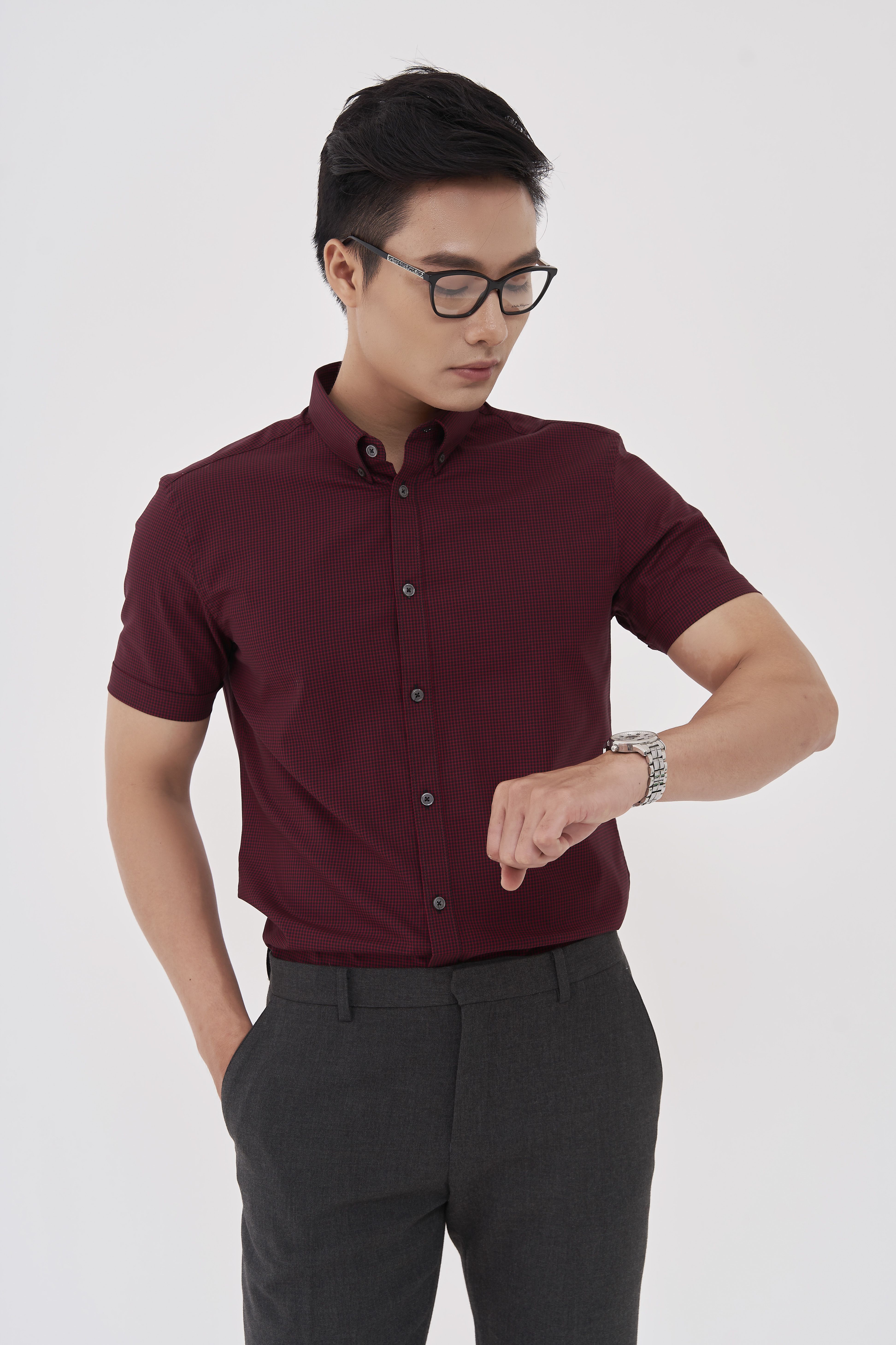 SMNT kẻ ô nhỏ đỏ đen cúc bộ lộ cúc đen (CH0099RED)