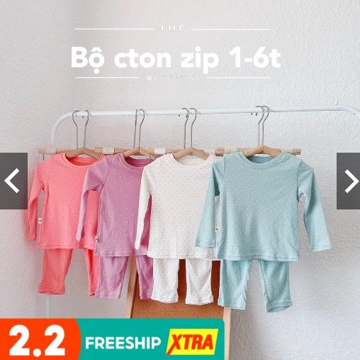 Bộ cotton dài zip siêu mềm và co giãn cho bé gái