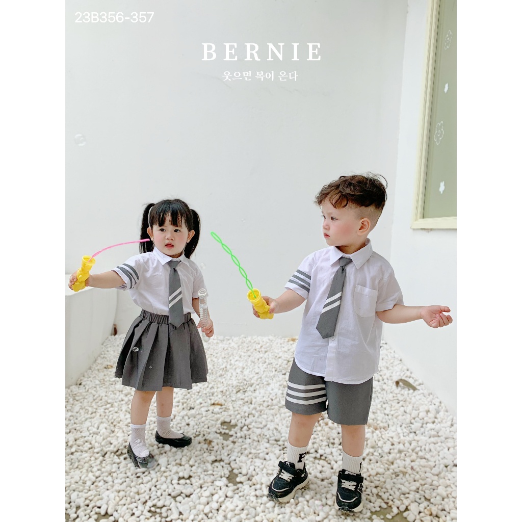 Bộ sơ mi đồng phục đôi cộc tay kèm cà vạt Bernie cho bé gái