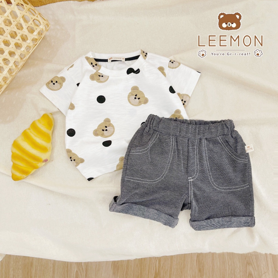 Bộ cotton cộc in mặt gấu teddy Leemon cho bé trai