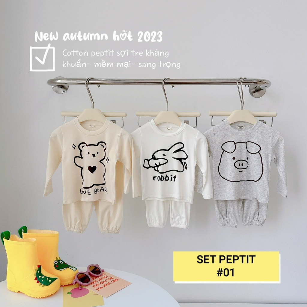 Set 3 bộ dài tay cotton peptit sợi tre kháng khuẩn cho bé