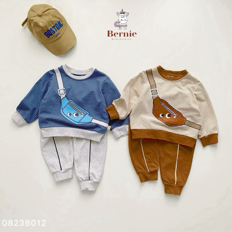 Bộ cotton dài tay thu đông kẻ in túi chéo Bernie cho bé
