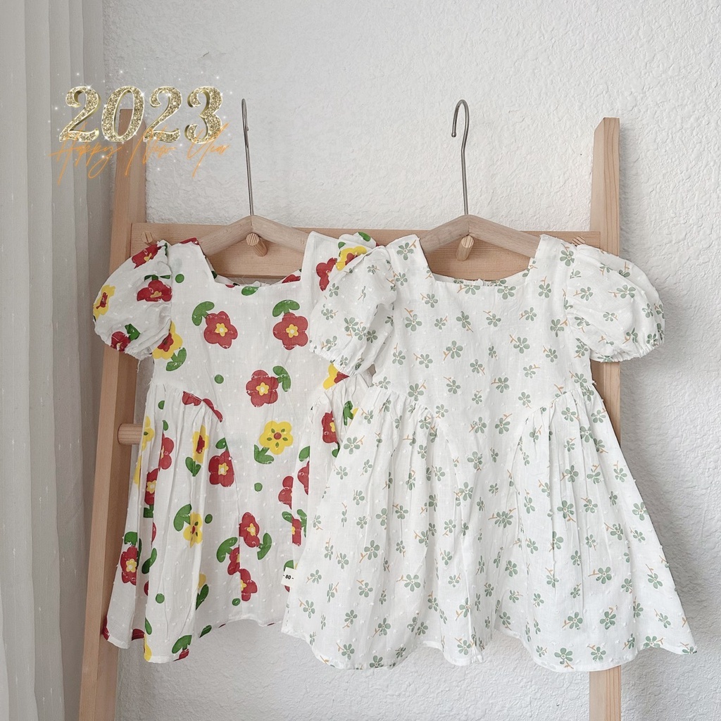 Váy cổ tròn tay phồng bo chun nhẹ MOZI cho bé gái