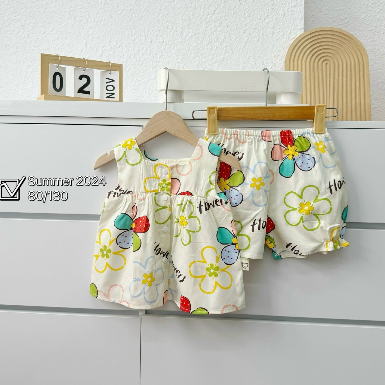 Bộ ba lỗ kết hợp quần đùi chất thô họa tiết xinh xắn Mozi cho bé gái