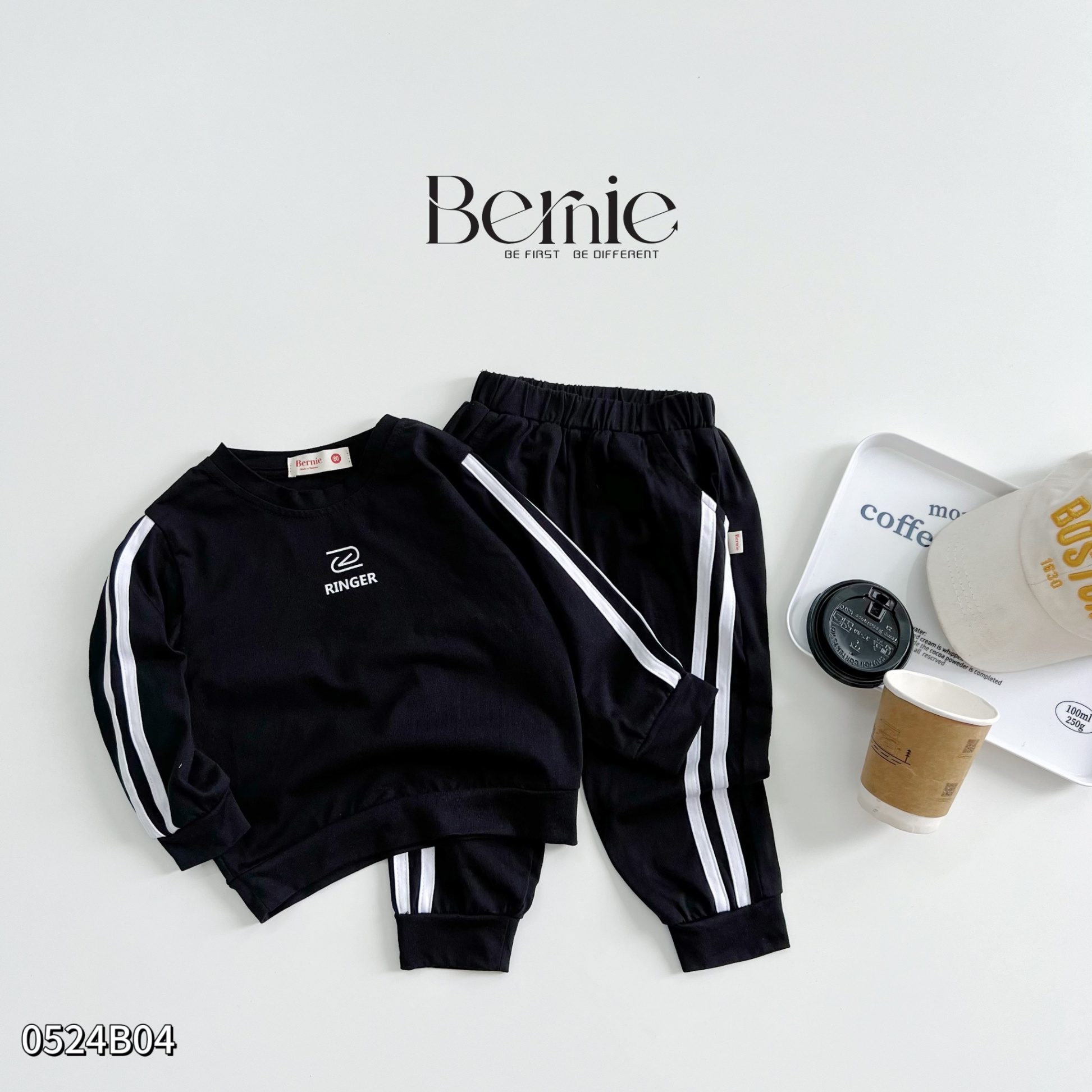 Set cotton dài thể thao sọc kẻ logo Bernie cho bé