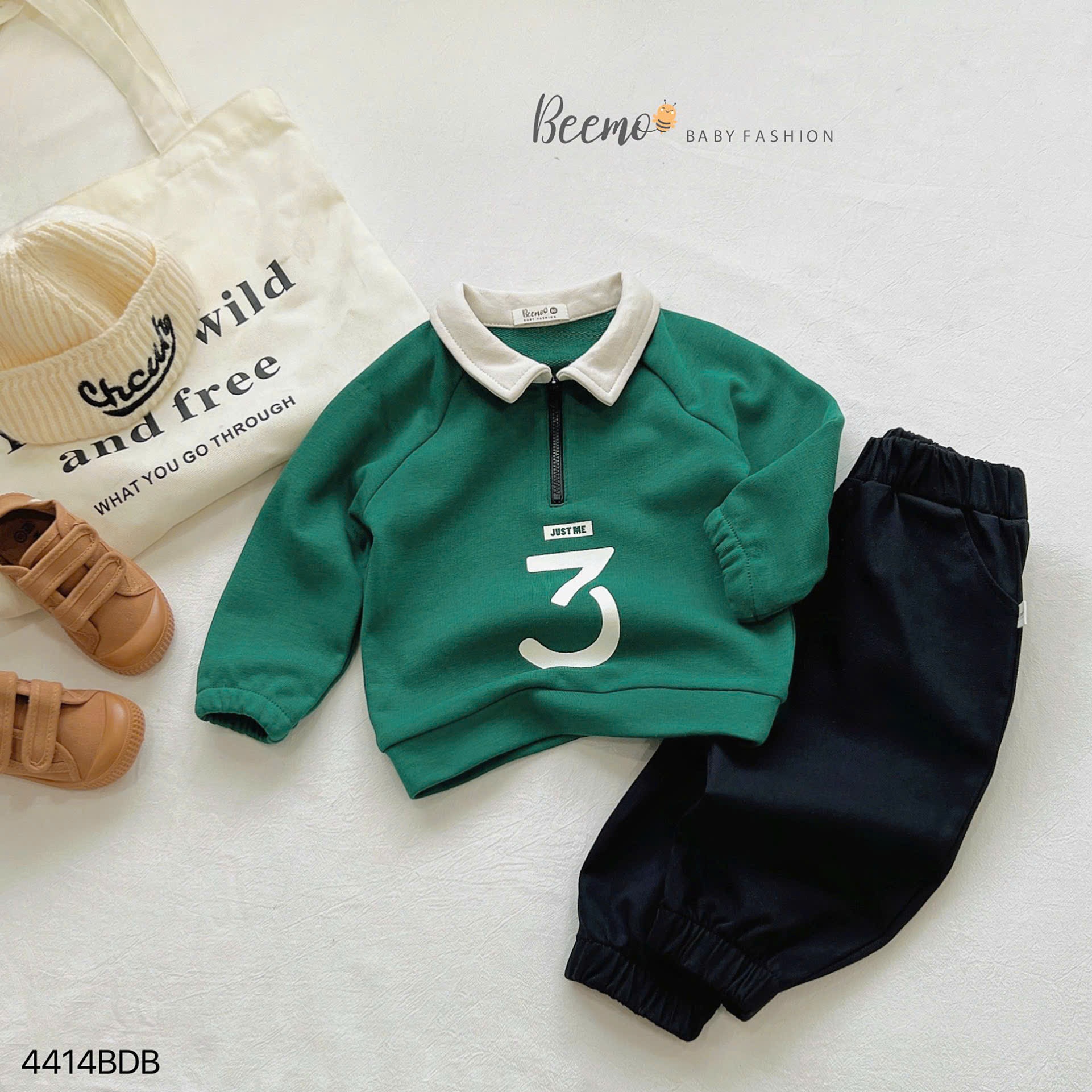 Set polo nỉ da cá phối khóa cổ just me 3 dài tay Beemo cho bé