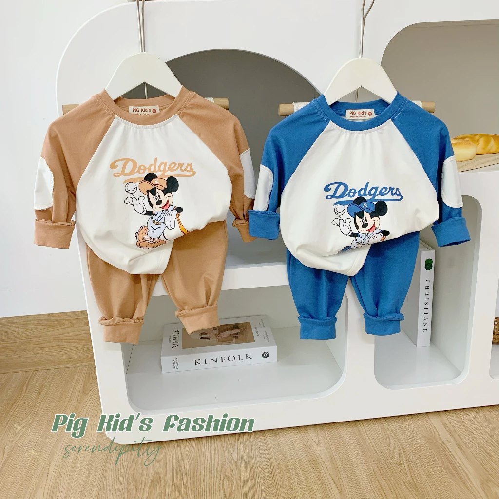 Bộ thun cotton dài tay mỏng in Mickey Dodgers Pig Kids cho bé trai bé gái