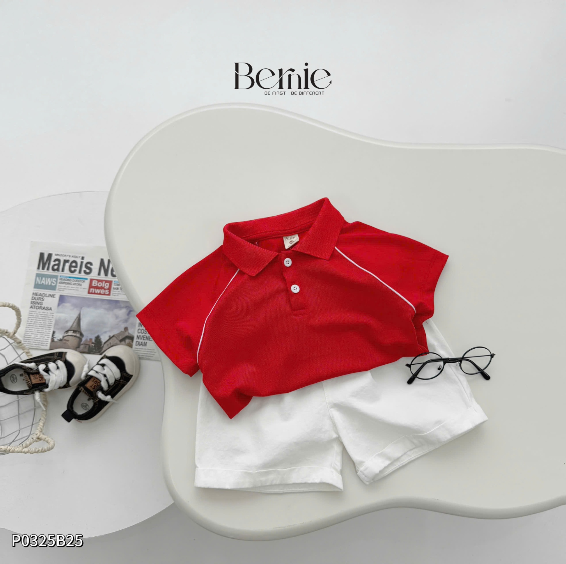 Bộ áo polo chất cá sấu cộc tay đỏ phối viền phối quần đùi kaki mềm BERNIE cho bé