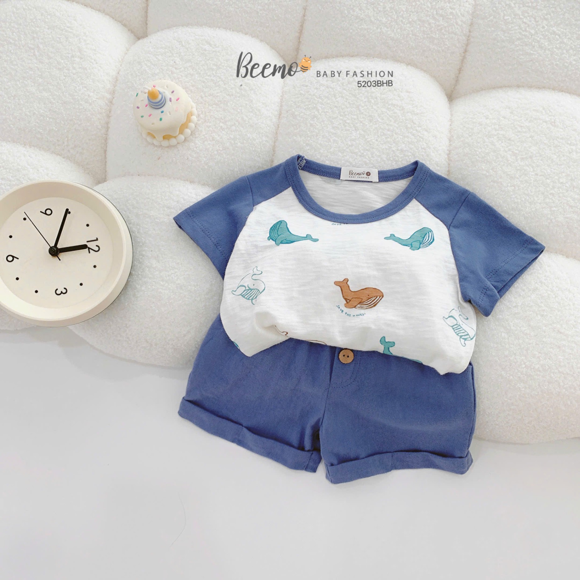 Set cotton cộc tay raglan in hình cá voi Beemo