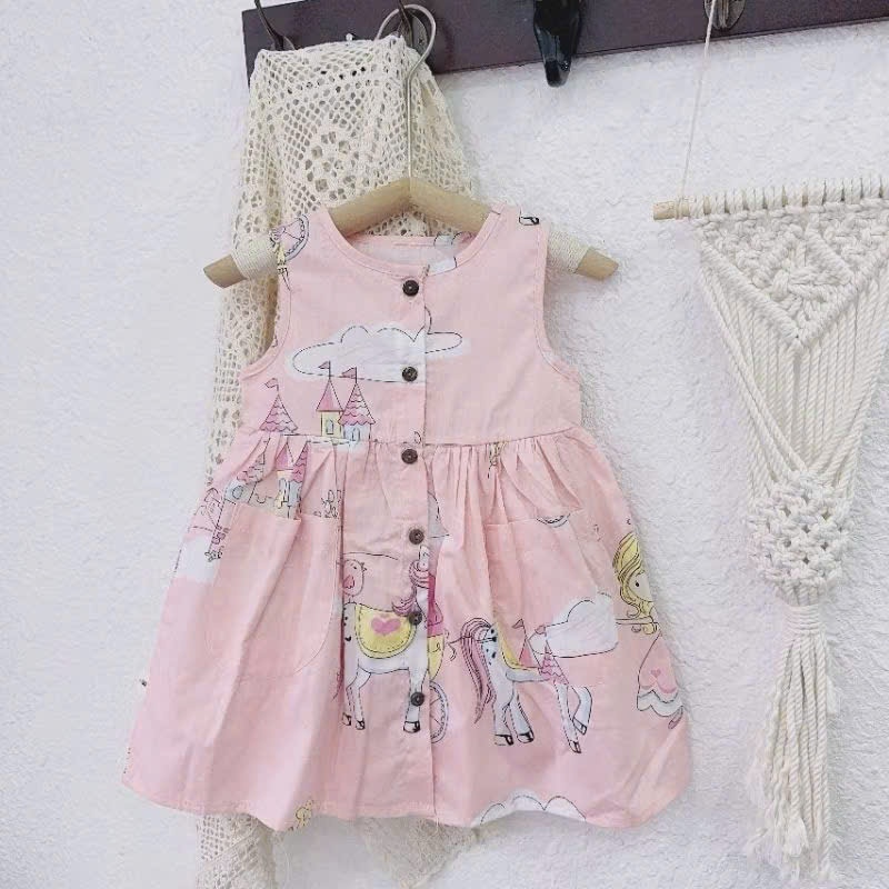 Váy sát nách cổ tròn cúc trước Mozi chất thô mềm họa tiết hoạt hình đáng yêu cho bé gái
