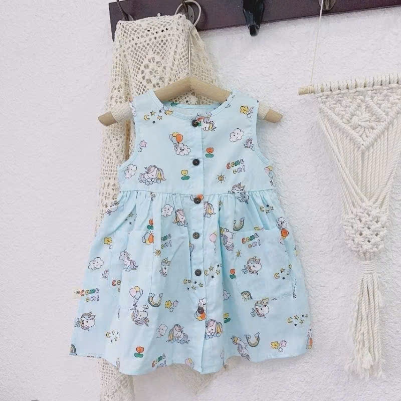 Váy sát nách cổ tròn cúc trước Mozi chất thô mềm họa tiết hoạt hình đáng yêu cho bé gái