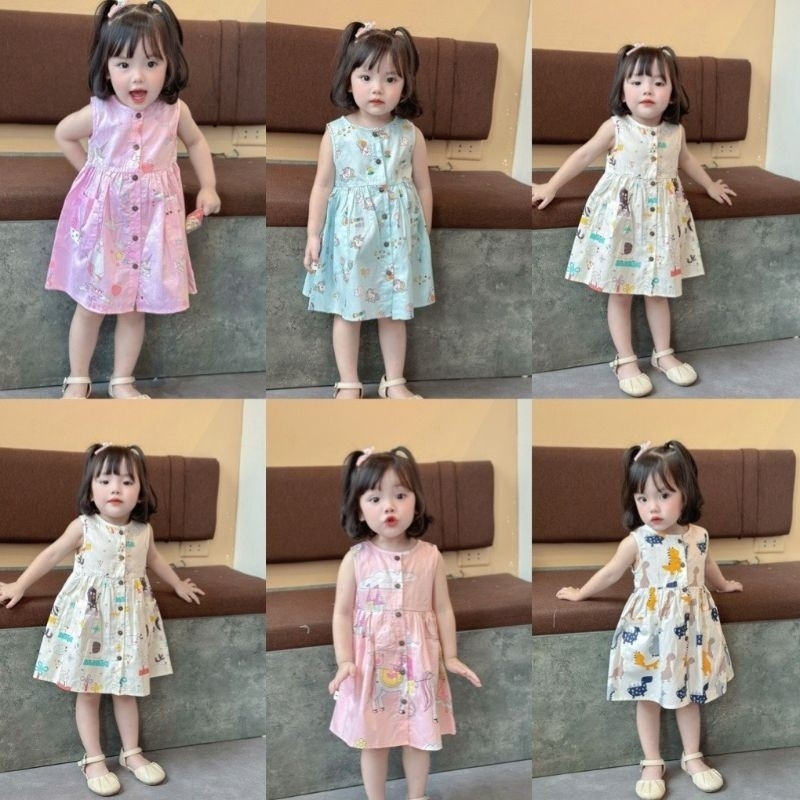 Váy sát nách cổ tròn cúc trước Mozi chất thô mềm họa tiết hoạt hình đáng yêu cho bé gái