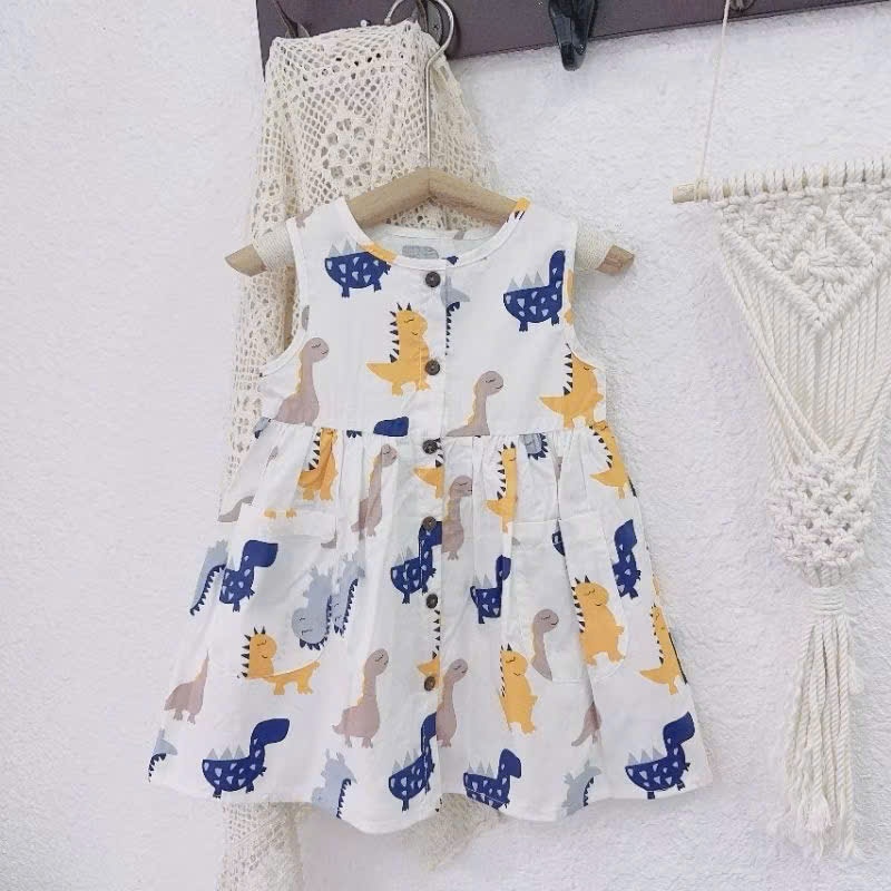 Váy sát nách cổ tròn cúc trước Mozi chất thô mềm họa tiết hoạt hình đáng yêu cho bé gái