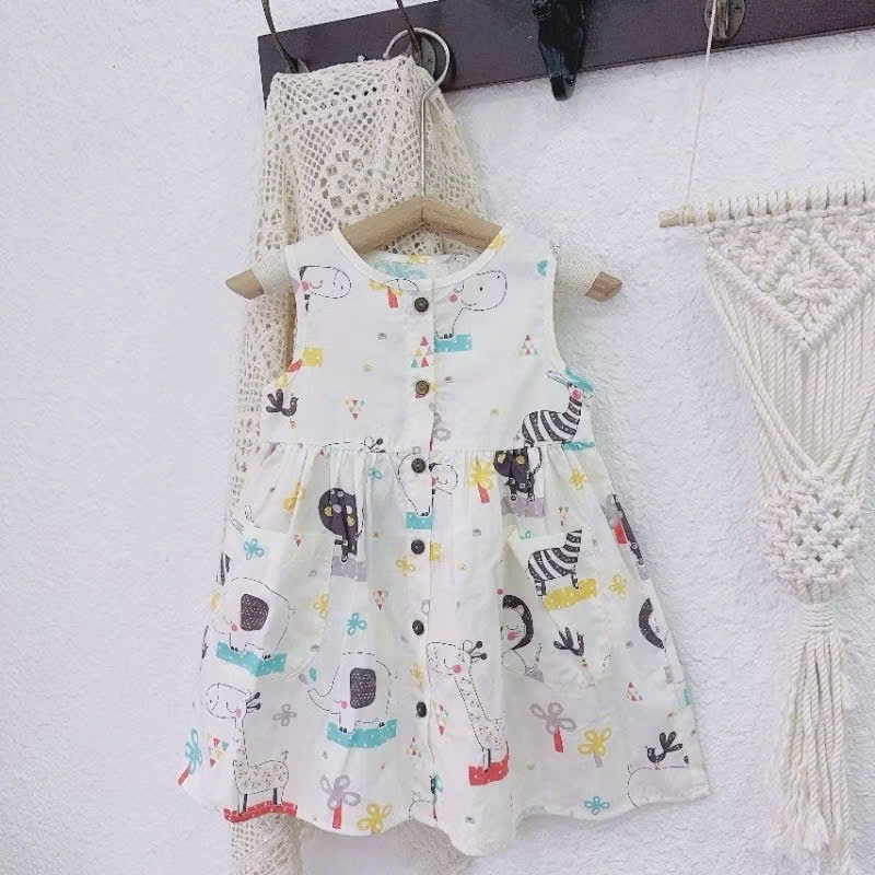 Váy sát nách cổ tròn cúc trước Mozi chất thô mềm họa tiết hoạt hình đáng yêu cho bé gái