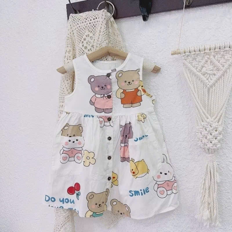 Váy sát nách cổ tròn cúc trước Mozi chất thô mềm họa tiết hoạt hình đáng yêu cho bé gái