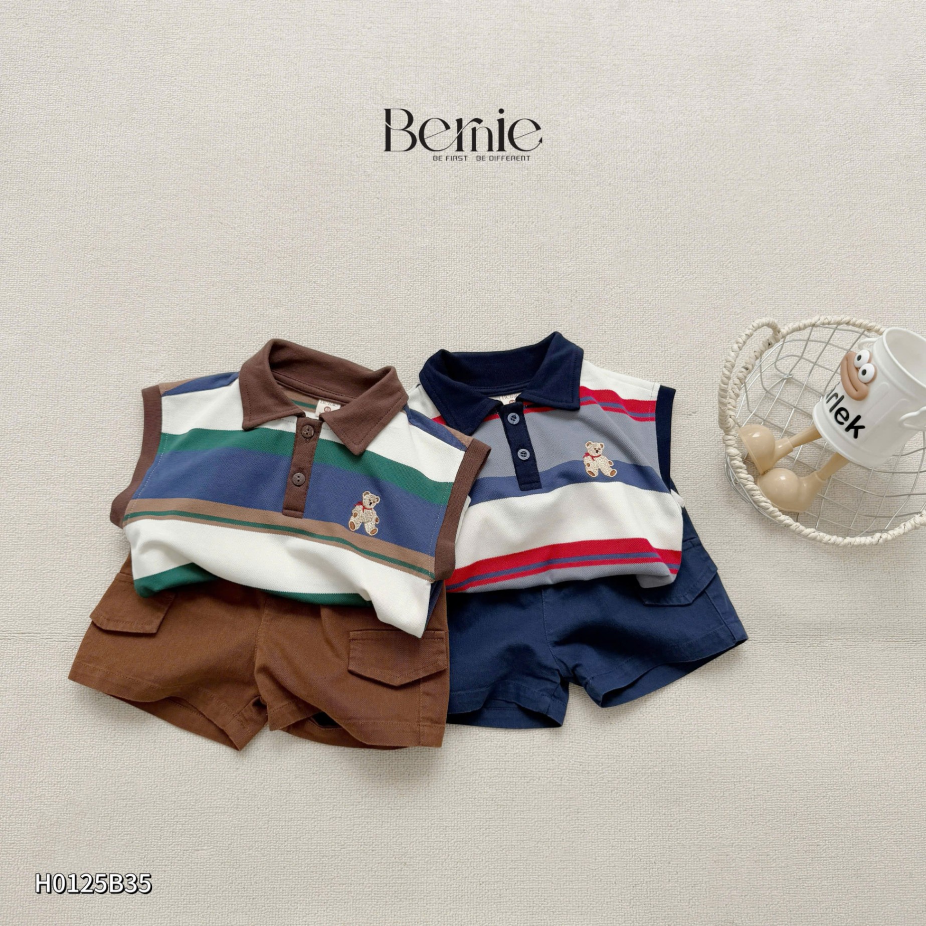 Set tanktop kẻ thêu gấu Bernie