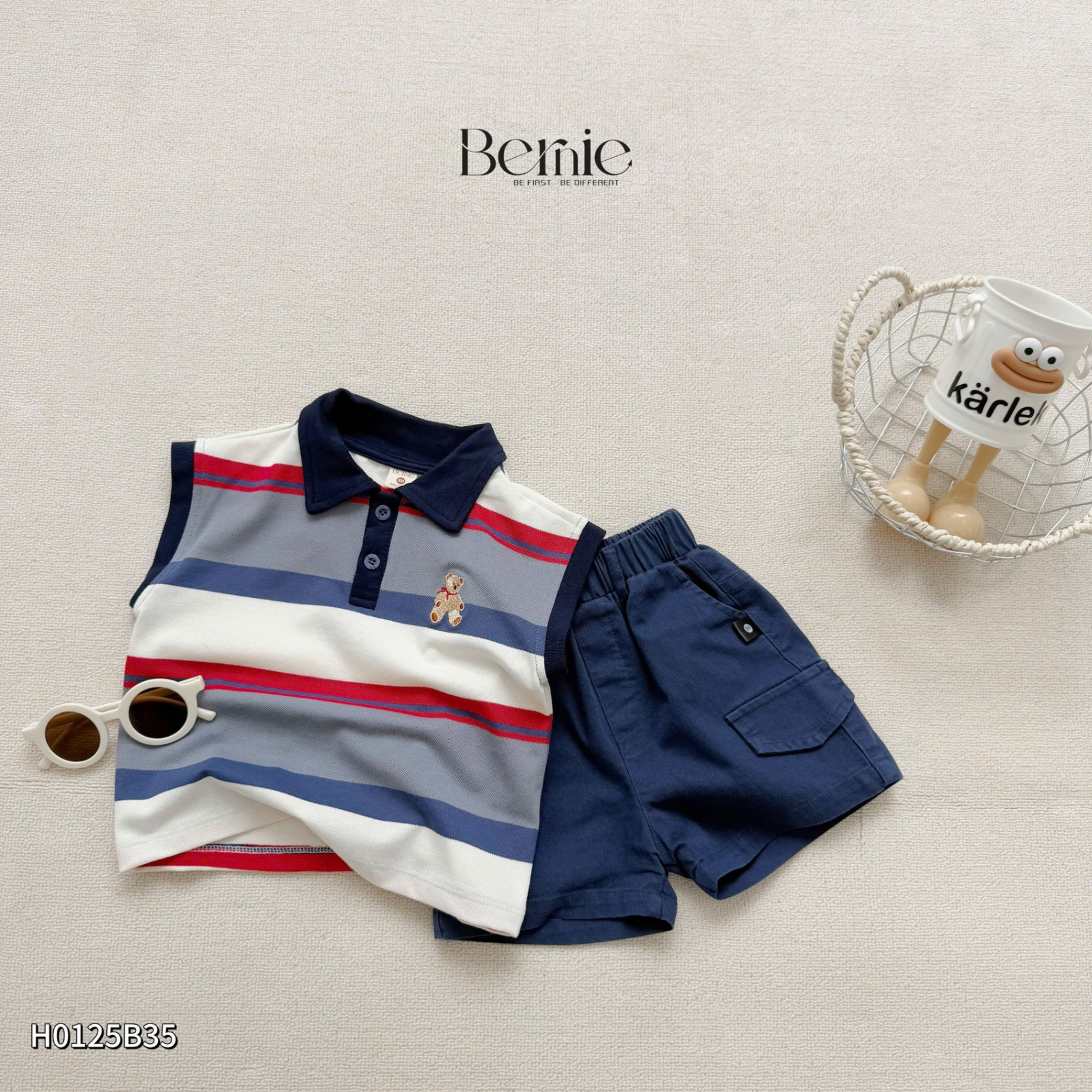 Set tanktop kẻ thêu gấu Bernie
