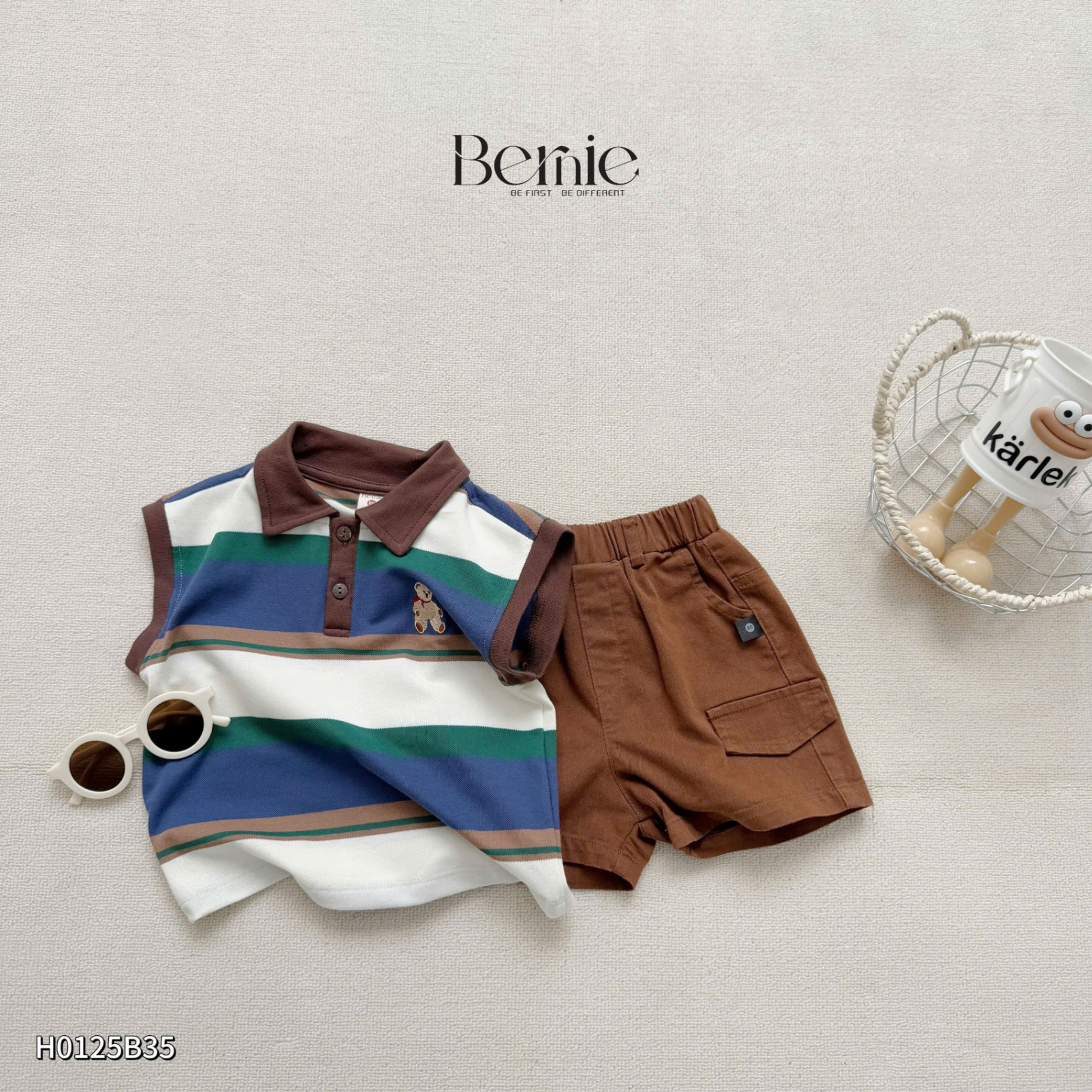 Set tanktop kẻ thêu gấu Bernie