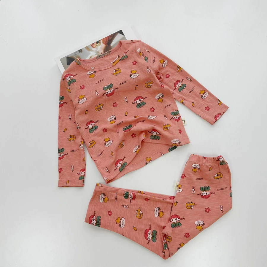 Bộ cotton xước dài tay Mozi in hoạ tiết dễ thương cho bé trai bé gái