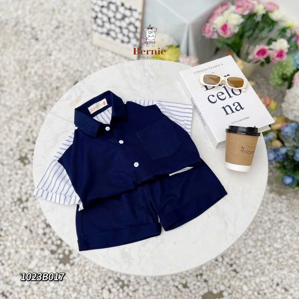 Set sơ mi phối kẻ cổ đức cộc tay vải cá sấu năng động Bernie cho bé