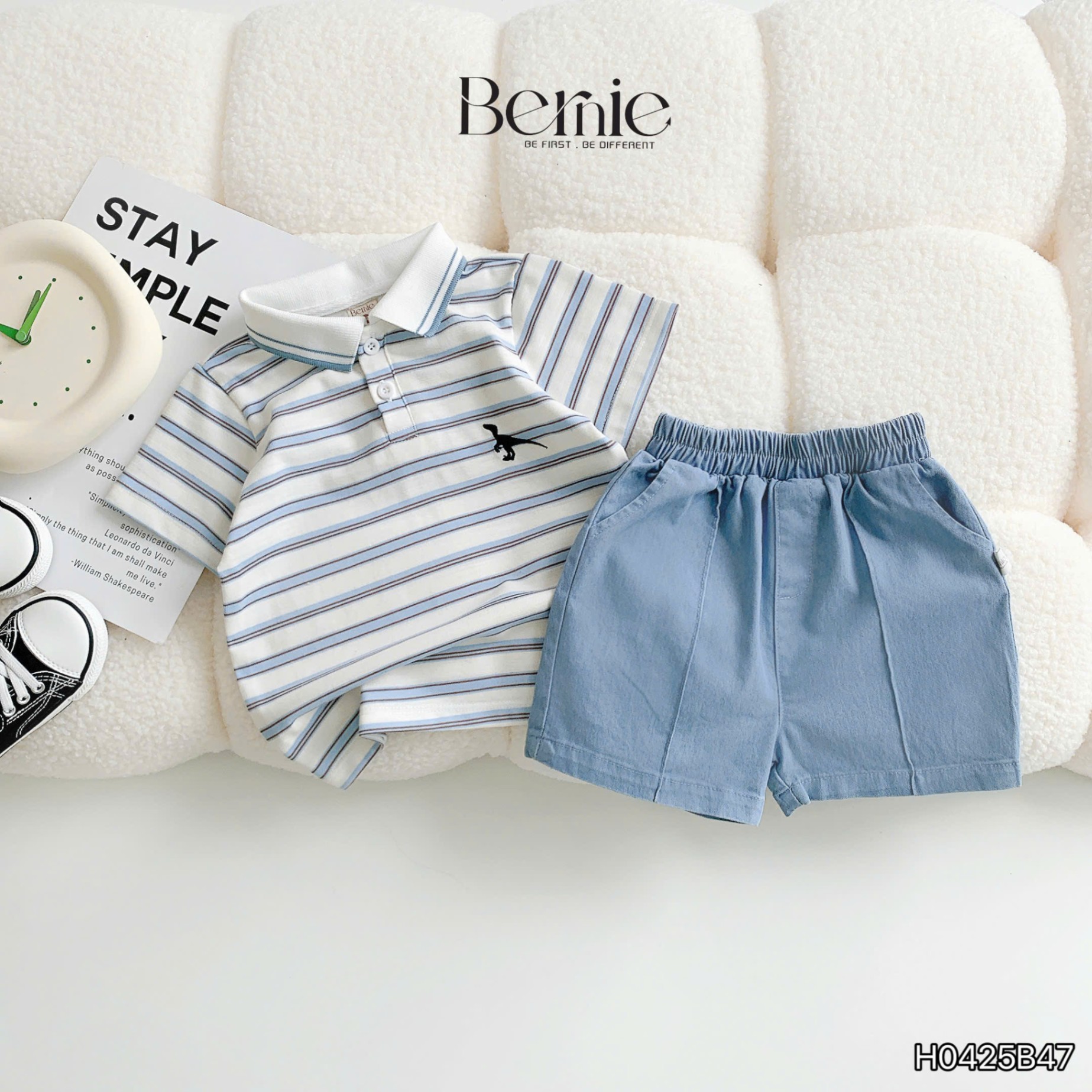 Set polo kẻ ngang thêu khủng long Bernie