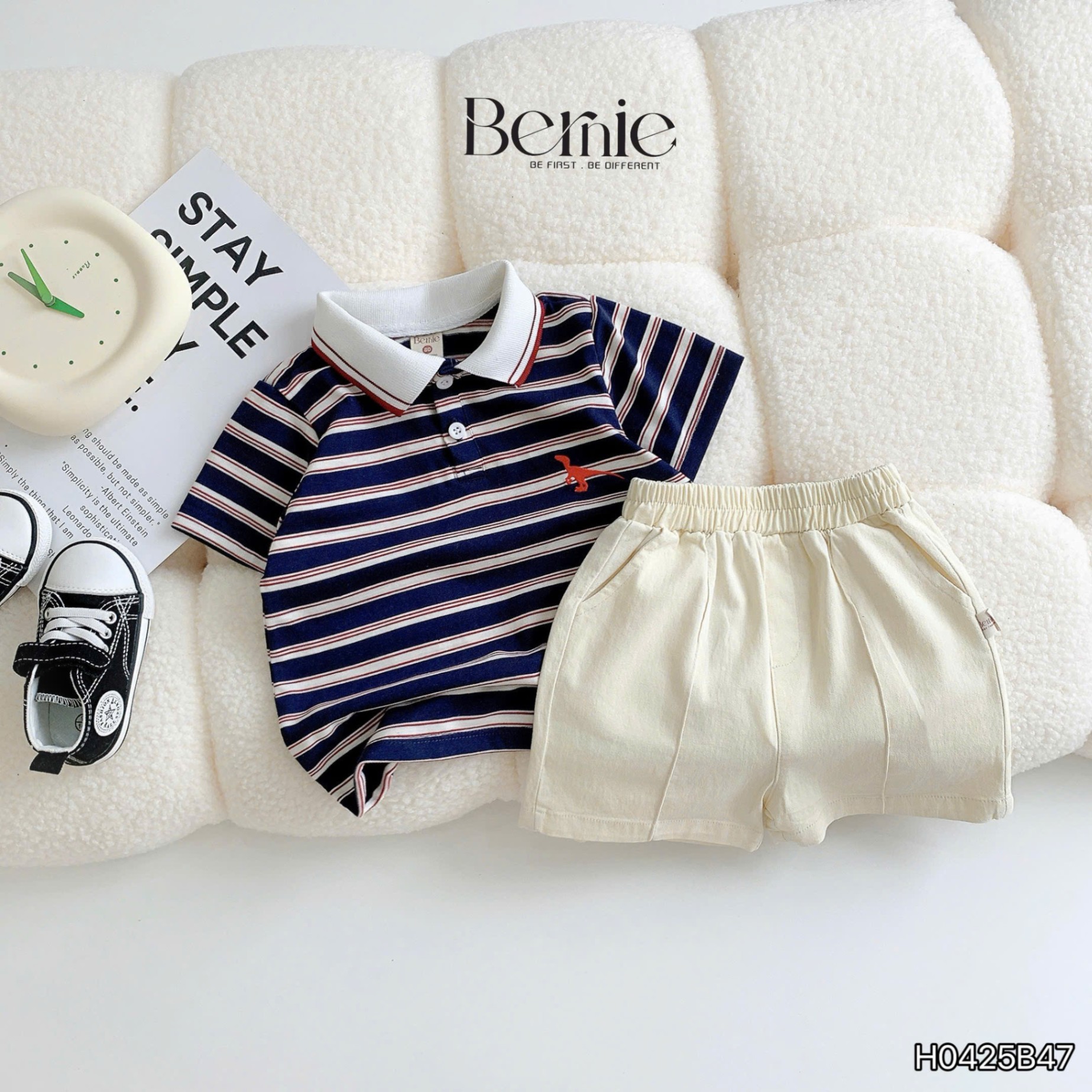 Set polo kẻ ngang thêu khủng long Bernie