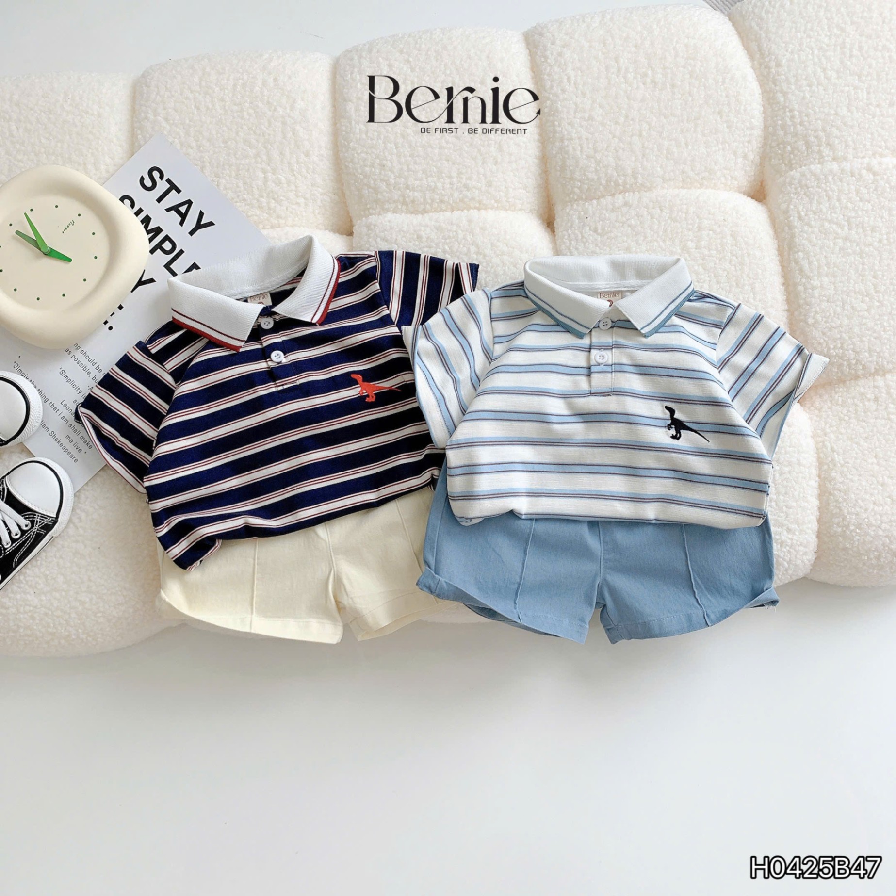 Set polo kẻ ngang thêu khủng long Bernie