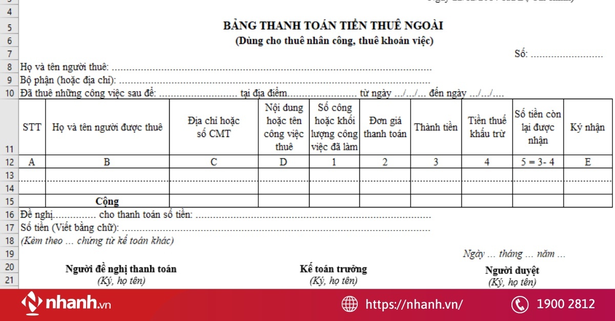 Mẫu bảng thanh toán tiền thuê ngoài mới nhất năm 2026
