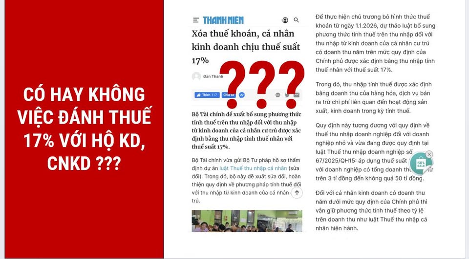 Có hay không việc đánh thuế TNCN 17% với Hộ KD, cá nhân kinh doanh?