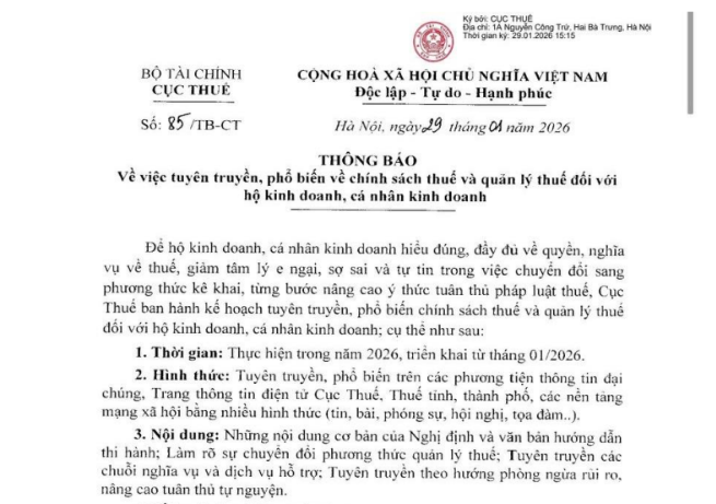 Thông báo 85/TB-CT: Toàn bộ chính sách thuế mới với hộ kinh doanh và cá nhân kinh doanh