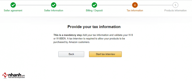 Điền thông tin thuế để mở cửa hàng trên Amazon