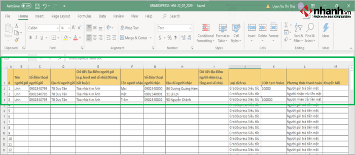 Điền đầy đủ các thông tin đơn hàng vào file Excel