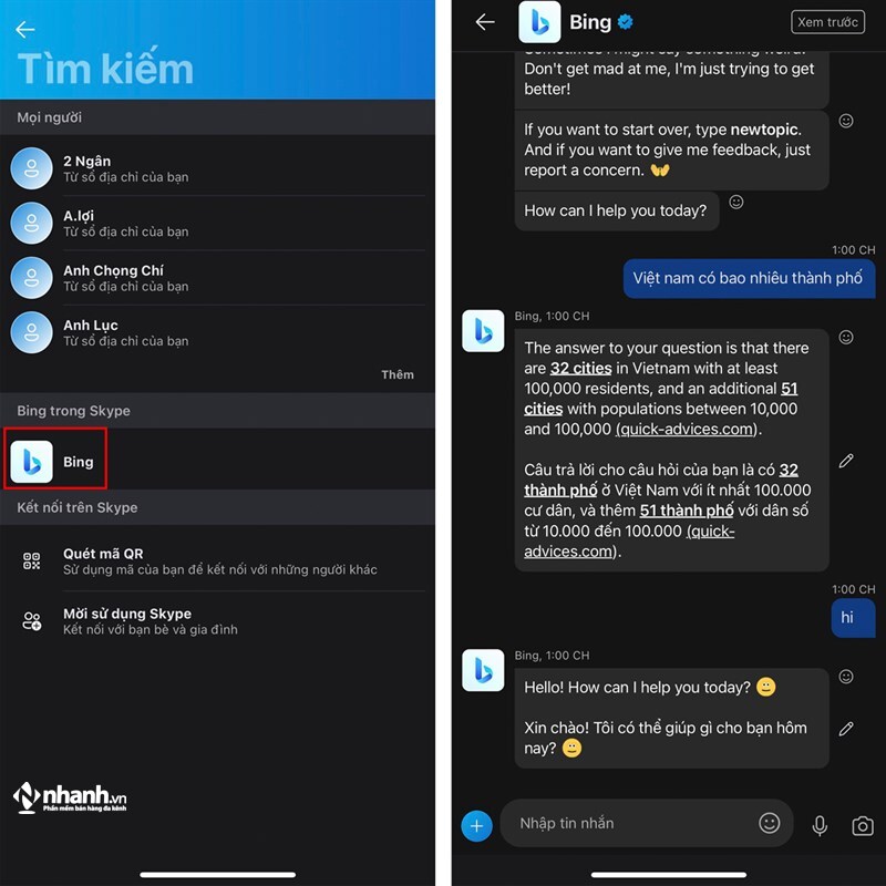 Tìm kiếm Bing để trò chuyện