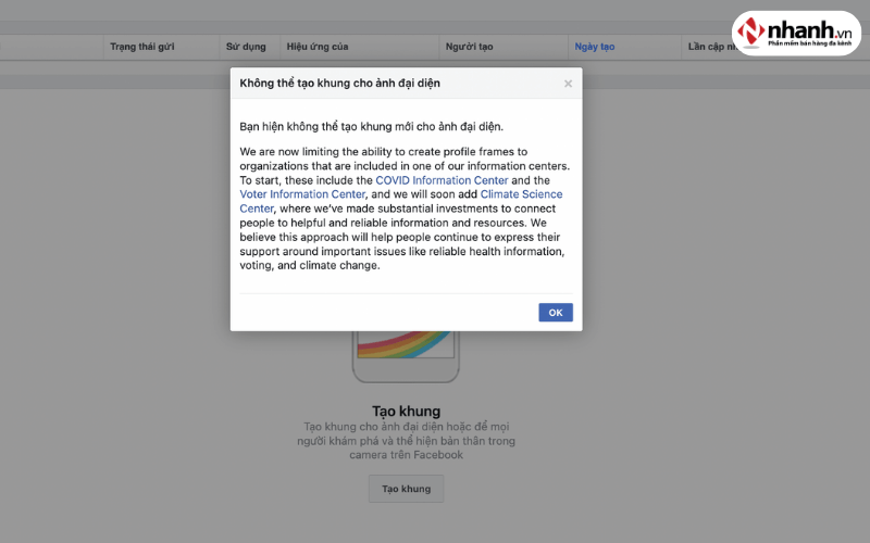 Facebook không cho phép tạo khung ảnh đại diện trực tiếp
