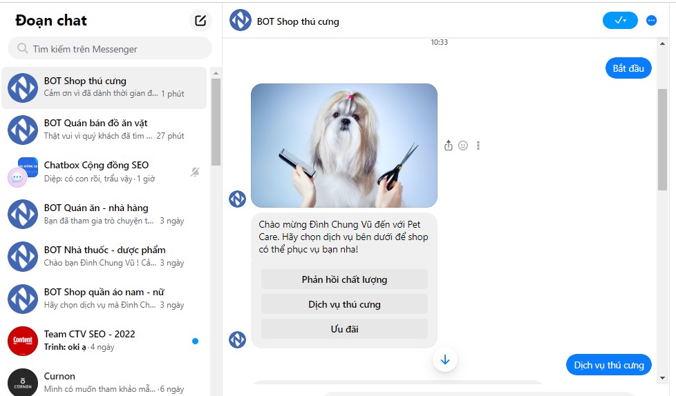 Mẫu kịch bản chatbot tư vấn dịch vụ spa, thức ăn cho shop thú cưng
