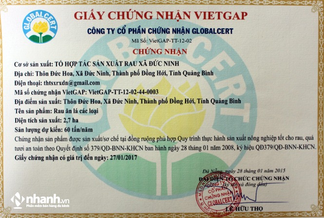 Giấy chứng nhận cửa hàng rau sạch