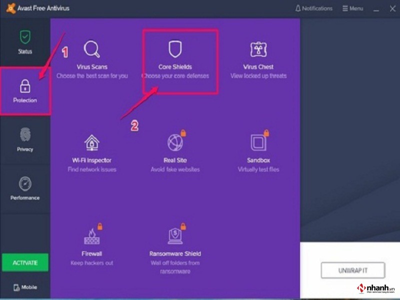 Bạn chọn tiếp Protection sau đó Core Shields.