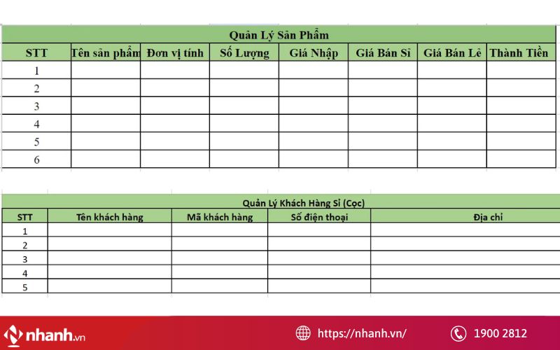 Sheet Quản lý sản phẩm và khách hàng